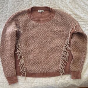 Madewell Pink Fringed Crew Neck Merino Wool Blend Sweater